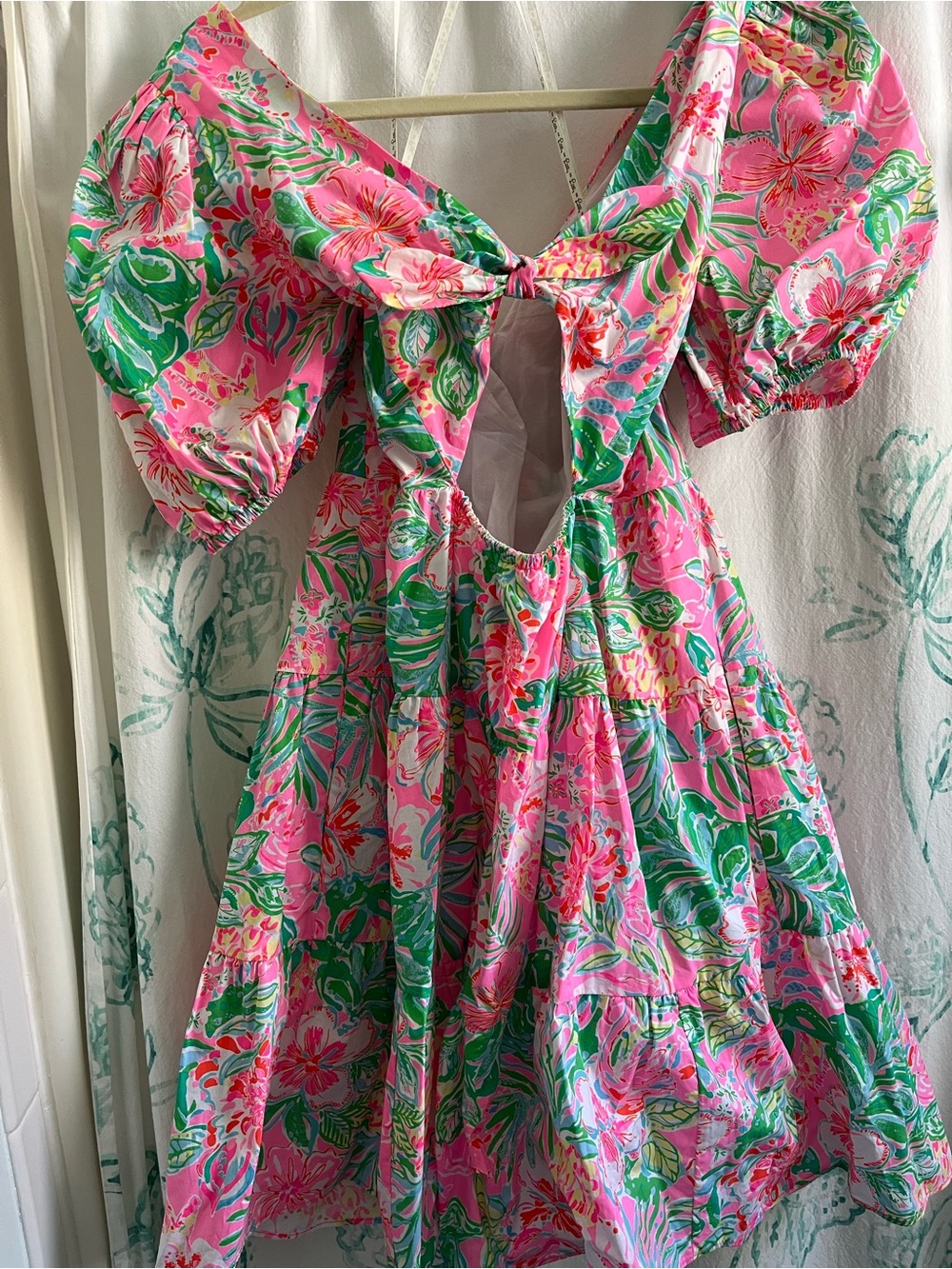 Lilly Pulitzer Pink Green Floral V-Neck Tiered Mini Dress - Picture 13 of 15